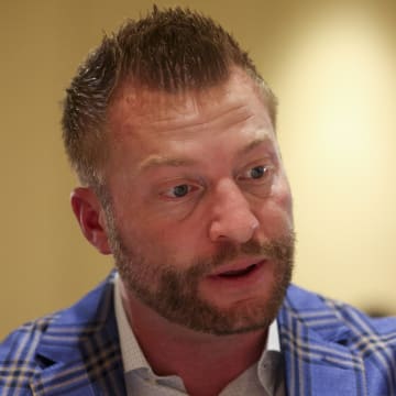 Mar 26, 2024; Orlando, FL, USA;   Los Angeles Rams head coach Sean McVay speaks to the media during the NFL annual league meetings at the JW Marriott. Mandatory Credit: Nathan Ray Seebeck-USA TODAY Sports