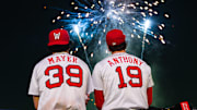 Worcester Red Sox players Marcelo Mayer and Roman Anthony watch fireworks following a Triple-A game on May 2, 2025 at Polar Park.