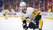 Oct 26, 2024; Vancouver, British Columbia, CAN; Pittsburgh Penguins defenseman Marcus Pettersson (28) skates during warm up prior to a game against the Vancouver Canucks at Rogers Arena. Mandatory Credit: Bob Frid-Imagn Images