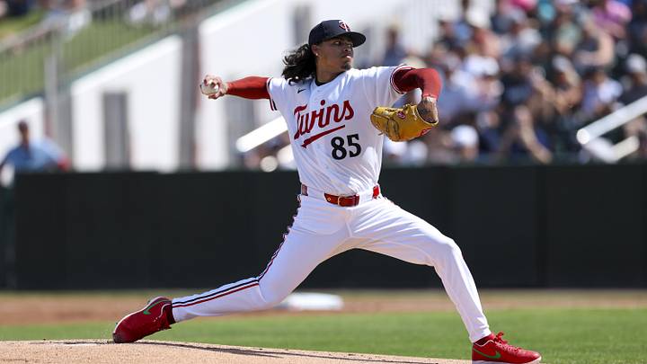 Feb 27, 2026; Fort Myers, Florida, USA; Minnesota Twins pitcher Marco Raya (85) throws a pitch against the New York Yankees in the first inning during spring training at Lee Health Sports Complex/Hammond Stadium. Mandatory Credit: Nathan Ray Seebeck-Imagn Images