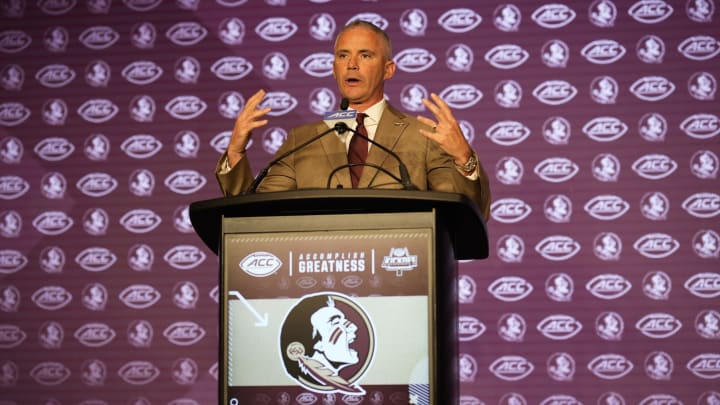 Jul 22, 2024; Charlotte, NC, USA; Florida State head coach Mike Norvell speaks to the media during ACC Kickoff at Hilton Charlotte Uptown. Mandatory Credit: Jim Dedmon-USA TODAY Sports