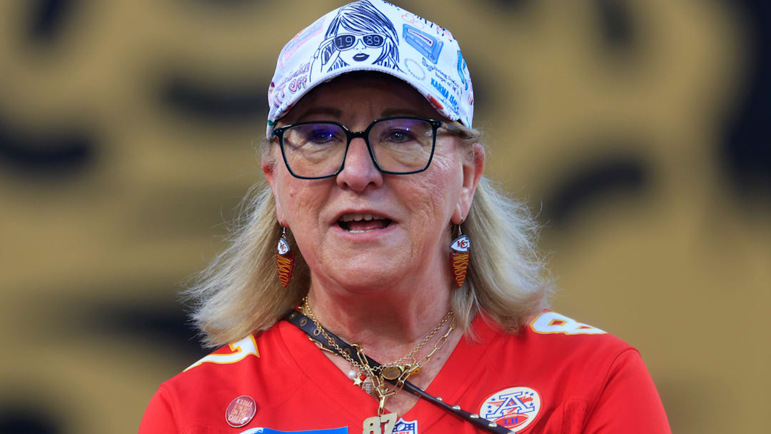 Donna Kelce, mother of Kansas City Chiefs tight end Travis Kelce (87) and former Eagle center Jason Kelce, looks on with her Taylor Swift hat before an NFL football matchup at EverBank Stadium, Monday,