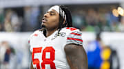 Jan 20, 2025; Atlanta, GA, USA; Ohio State Buckeyes defensive tackle Ty Hamilton (58) against the Notre Dame Fighting Irish during the CFP National Championship college football game at Mercedes-Benz Stadium. Mandatory Credit: Mark J. Rebilas-Imagn Images