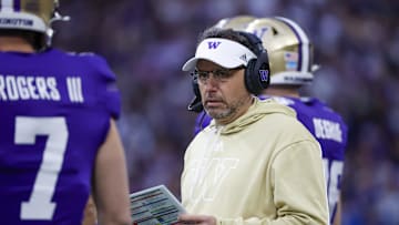 Nov 2, 2024; Seattle, Washington, USA; Washington Huskies head coach Jedd Fisch stands on the sideline during the first quarter against the USC Trojans at Alaska Airlines Field at Husky Stadium. Mandatory Credit: Joe Nicholson-Imagn Images