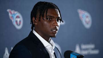 Cam Ward fields questions after being introduced as the Tennessee Titans first-round pick and number one overall pick n the NFL Draft at Ascension Saint Thomas Sports Park in Nashville, Tenn., Friday, April 25, 2025. Mandatory Credit: The Tennessean/USA TODAY NETWORK via Imagn Images