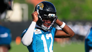 Jacksonville Jaguars wide receiver Travis Hunter looks on during an NFL training camp session at the Miller Electric Center.