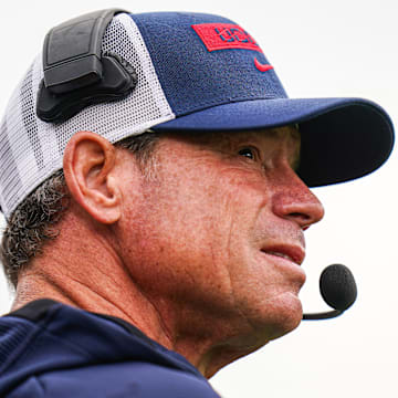 Sep 28, 2024; East Hartford, Connecticut, USA; Connecticut Huskies head coach Jim Mora watches from the sideline as they take on the Buffalo Bulls at Rentschler Field at Pratt & Whitney Stadium. Mandatory Credit: David Butler II-Imagn Images
