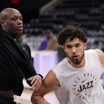 Mar 17, 2025; Salt Lake City, Utah, USA;  Utah Jazz guard Johnny Juzang (33) warms up before the game against the Chicago Bulls at Delta Center. Mandatory Credit: Chris Nicoll-Imagn Images