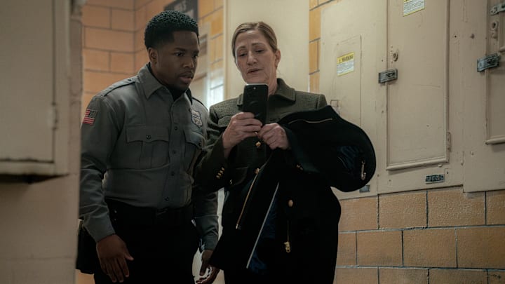 Denny Love as Kevin Jackson and Edie Falco as Nina Hobbs in Mayor of Kingstown episode 1, season 4, streaming on Paramount+, 2025. Credit: Dennis P. Mong Jr./Paramount+