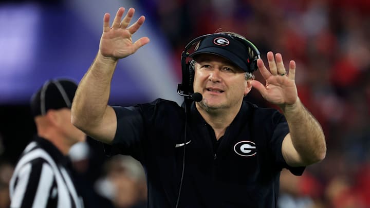 Georgia Bulldogs head coach Kirby Smart tells the students section to calm down during the fourth quarter of an NCAA football game, Saturday, Nov. 1, 2025, at EverBank Stadium in Jacksonville, Fla. Georgia held off Florida 24-20. [Corey Perrine/Florida Times-Union]