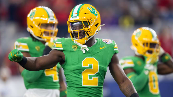 Jan 1, 2024; Glendale, AZ, USA; Oregon Ducks linebacker Jeffrey Bassa (2) against the Liberty Flames during the 2024 Fiesta Bowl at State Farm Stadium. Mandatory Credit: Mark J. Rebilas-USA TODAY Sports