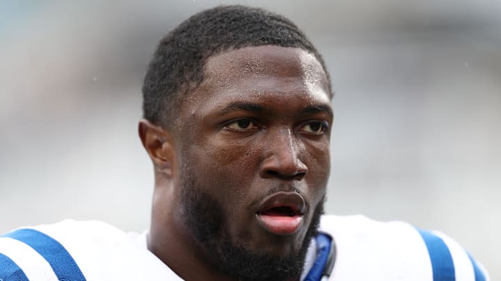 Indianapolis Colts linebacker Jaylon Carlies looks on
