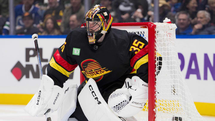 Feb 29, 2024; Vancouver, British Columbia, CAN; Vancouver Canucks goalie Thatcher Demko (35) looks for shot against the Los Angeles Kings in the second period at Rogers Arena. Mandatory Credit: Bob Frid-USA TODAY Sports