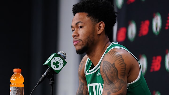 Sep 29, 2025; Boston, MA, USA; Boston Celtics guard Anfernee Simons (4) talks with reporters during media day at the Auerbach Center. Mandatory Credit: David Butler II-Imagn Images Sep 29, 2025; Boston, MA, USA; Boston Celtics guard Anfernee Simons (4) talks with reporters during media day at the Auerbach Center. Mandatory Credit: David Butler II-Imagn Images