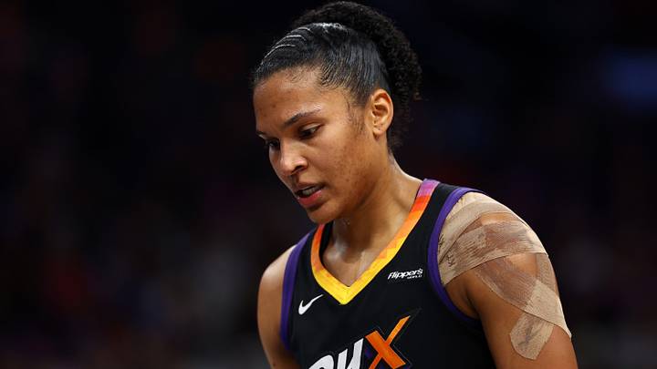 Aug 10, 2025; Phoenix, Arizona, USA; Phoenix Mercury forward Alyssa Thomas (25) against the Atlanta Dream at PHX Arena. Mandatory Credit: Mark J. Rebilas-Imagn Images