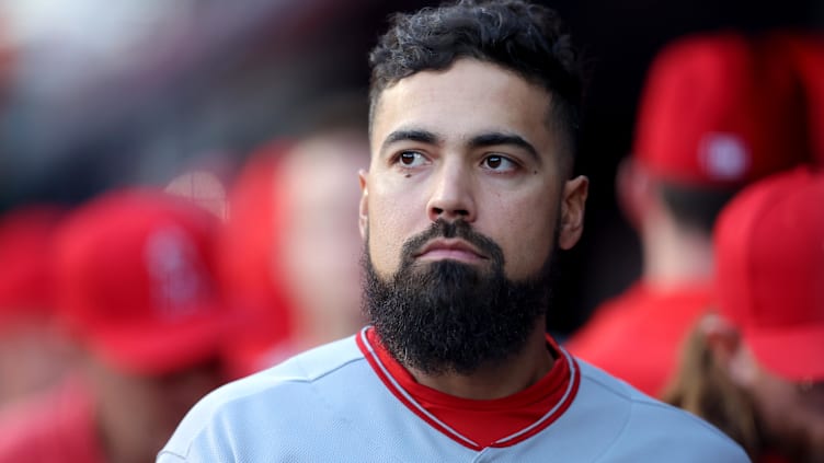 Apr 20, 2023; Bronx, New York, USA; Los Angeles Angels third baseman Anthony Rendon (6) reacts after