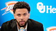 Ajay Mitchell speaks during an introductory press conference for the 2024 Thunder draft picks at Oklahoma Contemporary Arts Center in Oklahoma City, Saturday, June, 29, 2024.