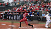 Nebraska softball's Samantha Bland homers in an 8-2 win over Creighton on April 9, 2025.