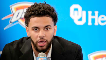 Ajay Mitchell speaks during an introductory press conference for the 2024 Thunder draft picks at Oklahoma Contemporary Arts Center in Oklahoma City, Saturday, June, 29, 2024.