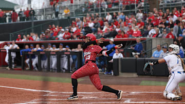 Nebraska softball's Samantha Bland homers in an 8-2 win over Creighton on April 9, 2025.