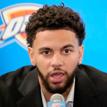 Ajay Mitchell speaks during an introductory press conference for the 2024 Thunder draft picks at Oklahoma Contemporary Arts Center in Oklahoma City, Saturday, June, 29, 2024.