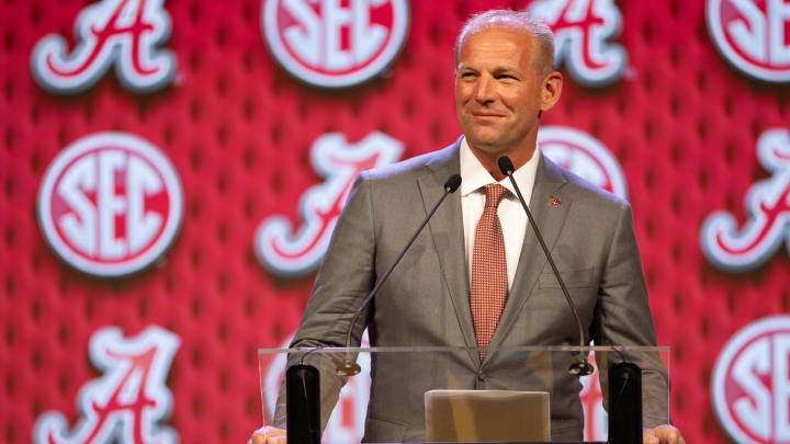 Jul 17, 2024; Dallas, TX, USA; Alabama head coach Kalen DeBoer speaking at Omni Dallas Hotel. Mandatory Credit: Brett Patzke-USA TODAY Sports