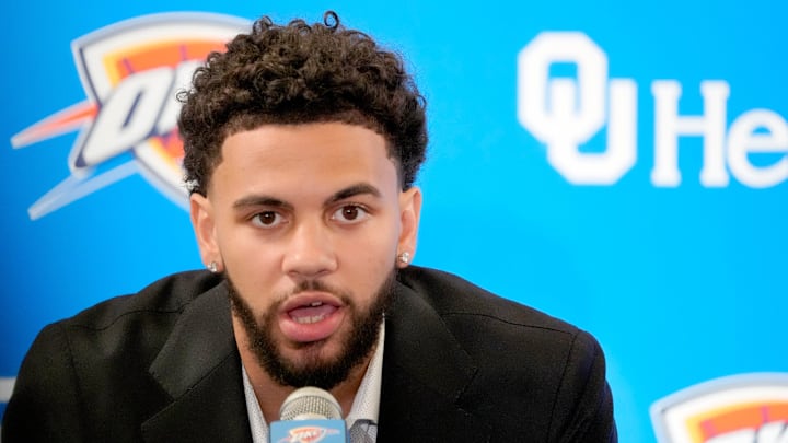 Ajay Mitchell speaks during an introductory press conference for the 2024 Thunder draft picks at Oklahoma Contemporary Arts Center in Oklahoma City, Saturday, June, 29, 2024.