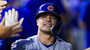 Sept. 19, 2025; Cincinnati, Ohio, USA; Chicago Cubs third baseman Matt Shaw (6) high fives teammates after hitting a two-run home run in the fourth inning against the Cincinnati Reds at Great American Ball Park.