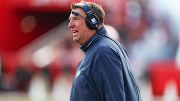 Nov 23, 2024; Piscataway, New Jersey, USA; Illinois Fighting Illini head coach Bret Bielema looks on during the first half against the Rutgers Scarlet Knights at SHI Stadium. Mandatory Credit: Vincent Carchietta-Imagn Images