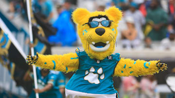 Jacksonville Jaguars mascot Jaxson de Ville runs on the field before an NFL football matchup Sunday, Oct. 6, 2024 at EverBank Stadium in Jacksonville, Fla. The Jaguars edged the Colts on a field goal 37-34. [Corey Perrine/Florida Times-Union]