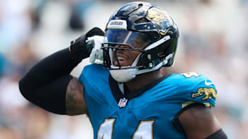 Jacksonville Jaguars defensive end Travon Walker (44) flexes after a sack on Houston Texans quarterback CJ. Stroud (7) during the first quarter of an NFL football matchup at EverBank Stadium, Sunday, Sept. 21, 2025, in Jacksonville, Fla. The Jaguars defeated the Texans 17-10.