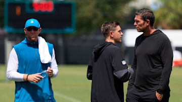 From left, Jacksonville Jaguars head coach Liam Coen, general manager James Gladstone and Tony Boselli, executive vice president of football operations, talk after an NFL training camp session at the Miller Electric Center, 