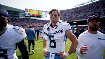 Tennessee Titans quarterback Will Levis (8) on the field after their 24-17 loss against the Chicago Bears at Soldier Field in Chicago, Ill., Sunday, Sept. 8, 2024.