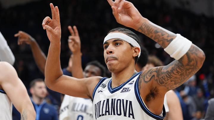 Feb 4, 2026; Villanova, Pennsylvania, USA; Villanova Wildcats guard Bryce Lindsay (2) reacts after the game against the Seton Hall Pirates at William B. Finneran Pavilion. Mandatory Credit: Kyle Ross-Imagn Images