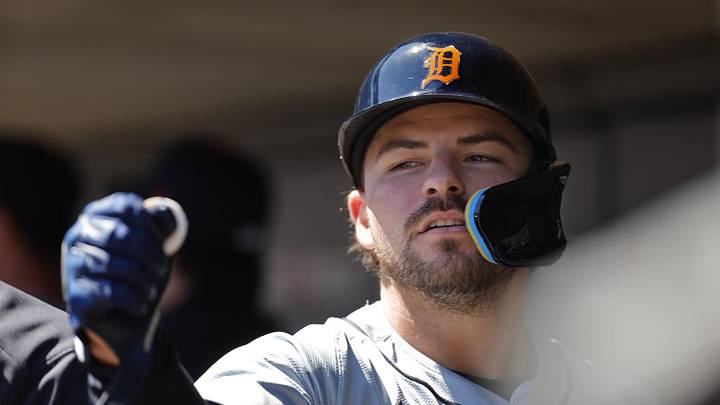 Apr 21, 2024; Minneapolis, Minnesota, USA; Detroit Tigers second baseman Buddy Kennedy (40) celebrates his RBI sacrifice fly against the Minnesota Twins in the first inning at Target Field. Mandatory Credit: Bruce Kluckhohn-Imagn Images