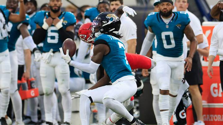 Jacksonville Jaguars wide receiver Brian Thomas Jr. (7) hauls in a reception against Kansas City Chiefs cornerback Joshua Williams (2) during the first quarter of a preseason NFL football game Saturday, Aug. 10, 2024 at EverBank Stadium in Jacksonville, Fla.