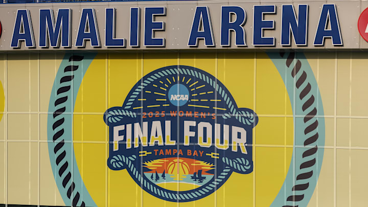 The NCAA Woman’s Basketball Final Four logo at Amalie Arena. The NCAA Woman’s Basketball Final Four logo at Amalie Arena.