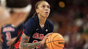 Mar 7, 2025; Greenville, SC, USA; Ole Miss Rebels guard Madison Scott (24) at the free throw line against the Texas Longhorns during the first half at Bon Secours Wellness Arena. Mandatory Credit: Jim Dedmon-Imagn Images