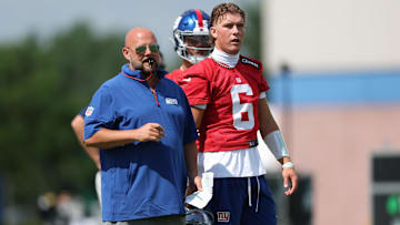 Jul 23, 2025; East Rutherford, NJ, USA; New York Giants head coach Brian Daboll and quarterback Jaxson Dart (6) during training camp at Quest Diagnostics Training Center. Mandatory Credit: Vincent Carchietta-Imagn Images