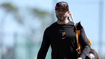 Feb 17, 2025; Bradenton, FL, USA;  Pittsburgh Pirates outfield Tommy Pham (28) participates in spring training workouts at Pirate City. Mandatory Credit: Nathan Ray Seebeck-Imagn Images