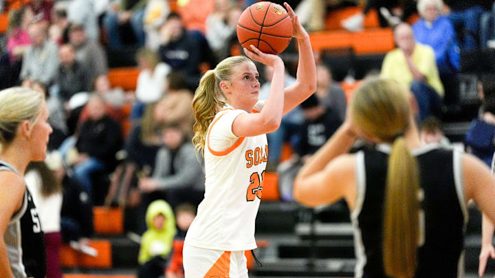 Solon’s Tenley Levin (23) attempts a free throw during a game against Mount Vernon Dec. 16, 2025 in Solon, Iowa.