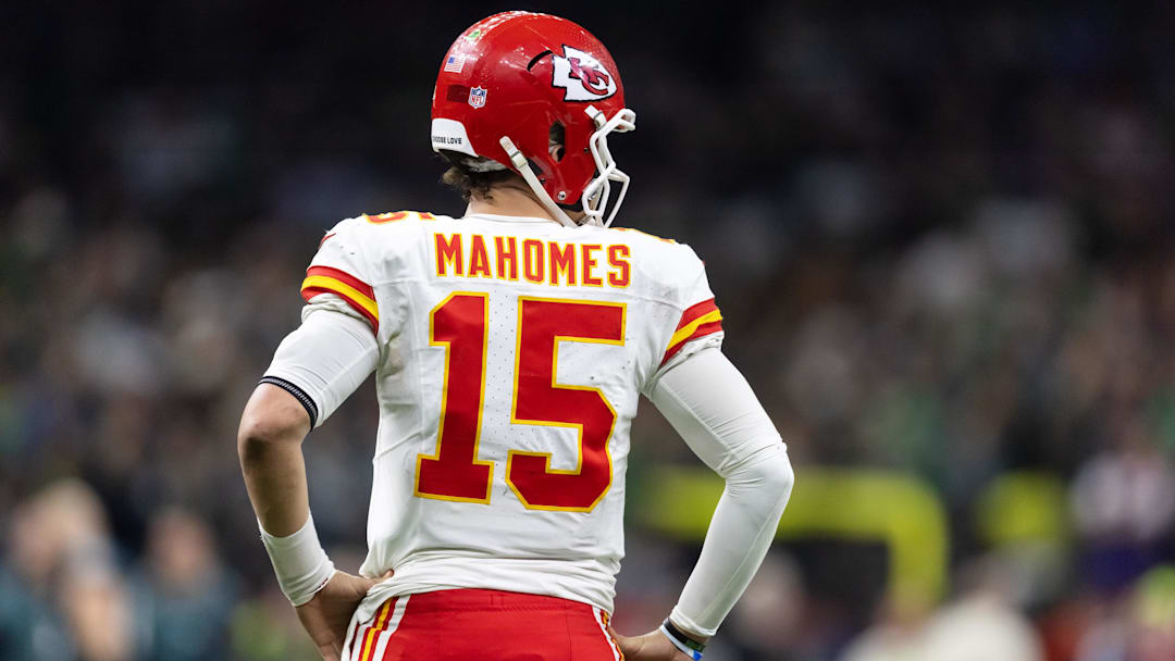 Feb 9, 2025; New Orleans, LA, USA;  Detailed view of the jersey of Kansas City Chiefs quarterback Patrick Mahomes (15) against the Philadelphia Eagles in Super Bowl LIX at Ceasars Superdome. Mandatory Credit: Mark J. Rebilas-Imagn Images