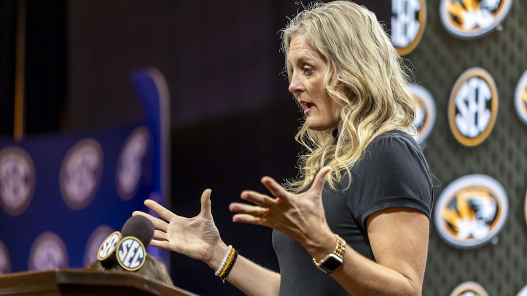 Oct 15, 2025; Birmingham, AL, USA; Missouri Tigers head coach Kellie Harper talks with the media during SEC Media Days at Grand Bohemian Hotel. Mandatory Credit: Vasha Hunt-Imagn Images