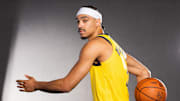 Sep 29, 2025; Indianapolis, IN, USA; Indiana Pacers guard Andrew Nembhard (2) poses for a photo during media day. 