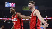 Oct 21, 2025; Oklahoma City, Oklahoma, USA; Houston Rockets forward Kevin Durant (7) and center Alperen Sengun (28) react after a play against the Oklahoma City Thunder during the first half at Paycom Center. Mandatory Credit: Alonzo Adams-Imagn Images