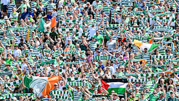 Jul 27, 2024; South Bend, IN, USA; Celtic fans cheer before the start of the match against Chelsea at Notre Dame Stadium. Celtic won 4-1. Mandatory Credit: Matt Cashore-Imagn Images