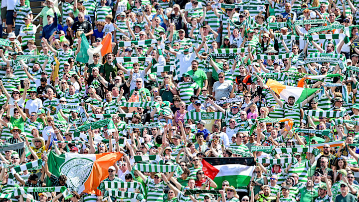 Jul 27, 2024; South Bend, IN, USA; Celtic fans cheer before the start of the match against Chelsea at Notre Dame Stadium. Celtic won 4-1. Mandatory Credit: Matt Cashore-Imagn Images