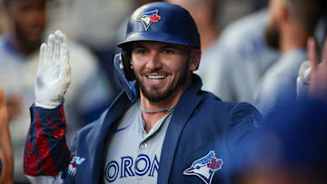 Sep 7, 2024; Atlanta, Georgia, USA; Toronto Blue Jays second baseman Spencer Horwitz (48) celebrates with teammates after a home run against the Atlanta Braves in the second inning at Truist Park. Mandatory Credit: Brett Davis-Imagn Images