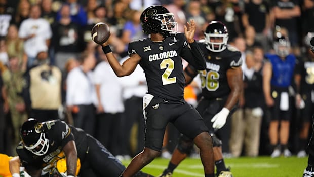 Colorado Buffaloes quarterback Shedeur Sanders (2) prepares to pass the ball