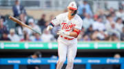 Apr 23, 2025; Minneapolis, Minnesota, USA; Minnesota Twins second base Luke Keaschall (15) walks on pitches from Chicago White Sox right fielder Joshua Palacios (47) in the third inning at Target Field.